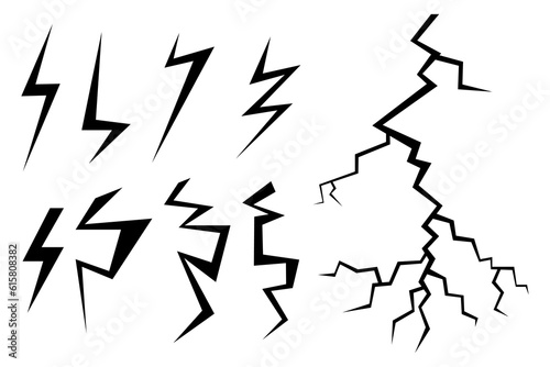 Black lightning silhouettes vector illustrations set. Thunderbolts in sky or cracks in ground or floor after earthquake on white background. Natural disaster, damage, weather concept