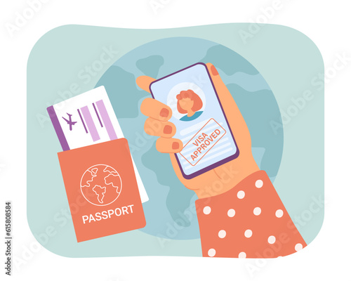 Female hand holding phone with approved visa on screen. Tech worker getting legal document for international employees, passport with boarding pass vector illustration. Visa, traveling, career concept