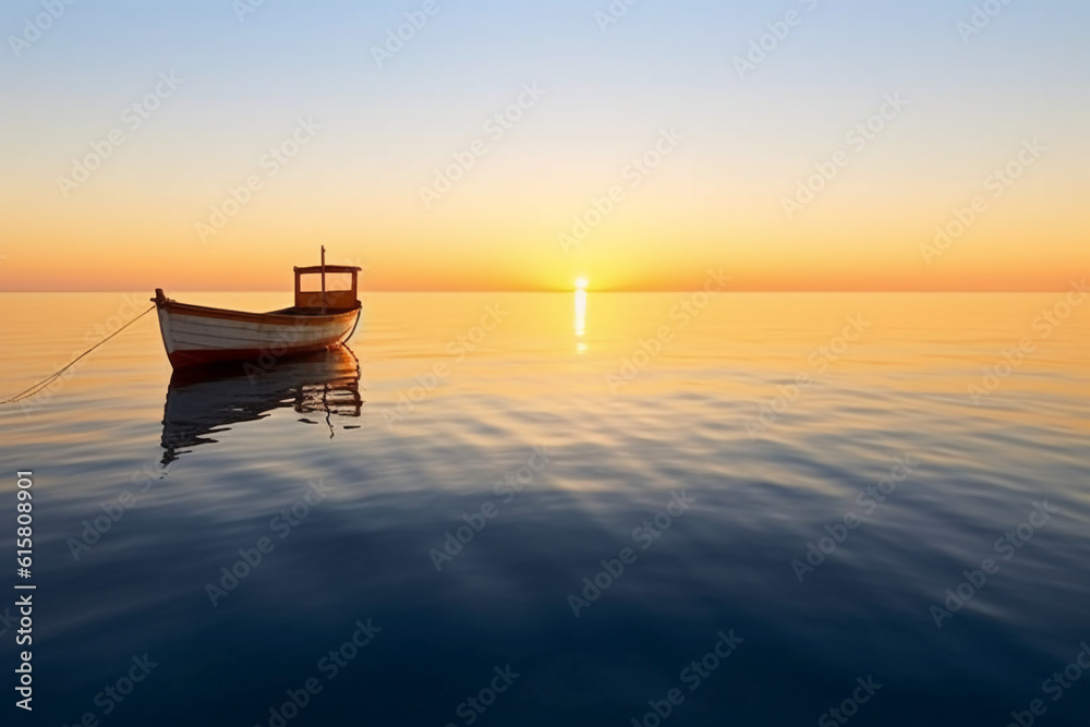 Very low angle photo of the calm serene smooth Mediterranean sea water and boat. AI generative
