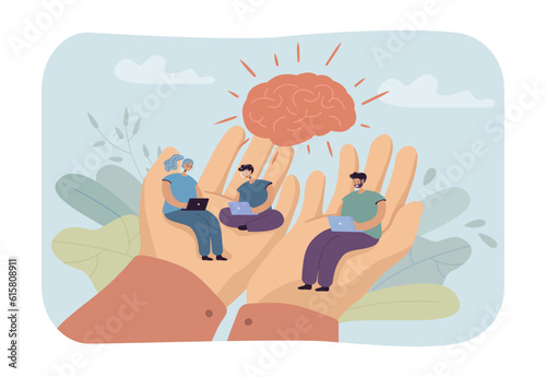 Hands holding tiny employees vector illustration. Company caring about office workers working on laptop with human brain above them. Business, professional growth, staff care concept