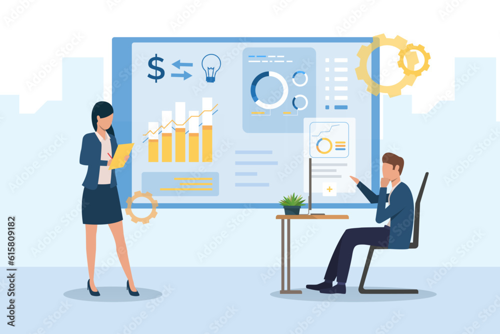Workers discussing business development vector illustration. Businessmen analyzing sales, marketing, project management, networking and partnership in infographics. Business, success concept