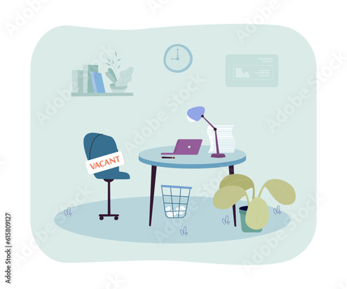 Empty office with vacant seat vector illustration. Cartoon drawing of chair with vacant sign, lack of workers, employee shortage. Workforce, business, labor crisis, vacancy, recruitment concept