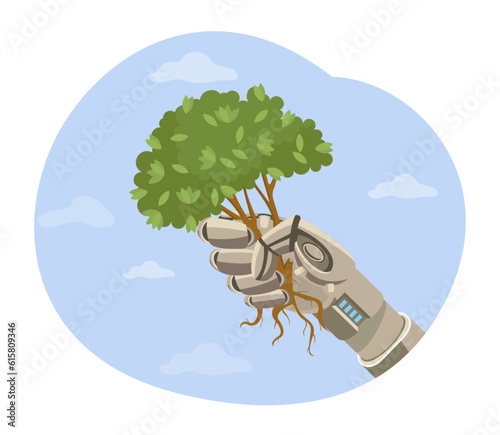 Huge robotic hand breaking tree vector illustration. Cartoon drawing of AI as danger to nature, robot character causing harm to ecosystem. Environment, ecology, artificial intelligence, future concept