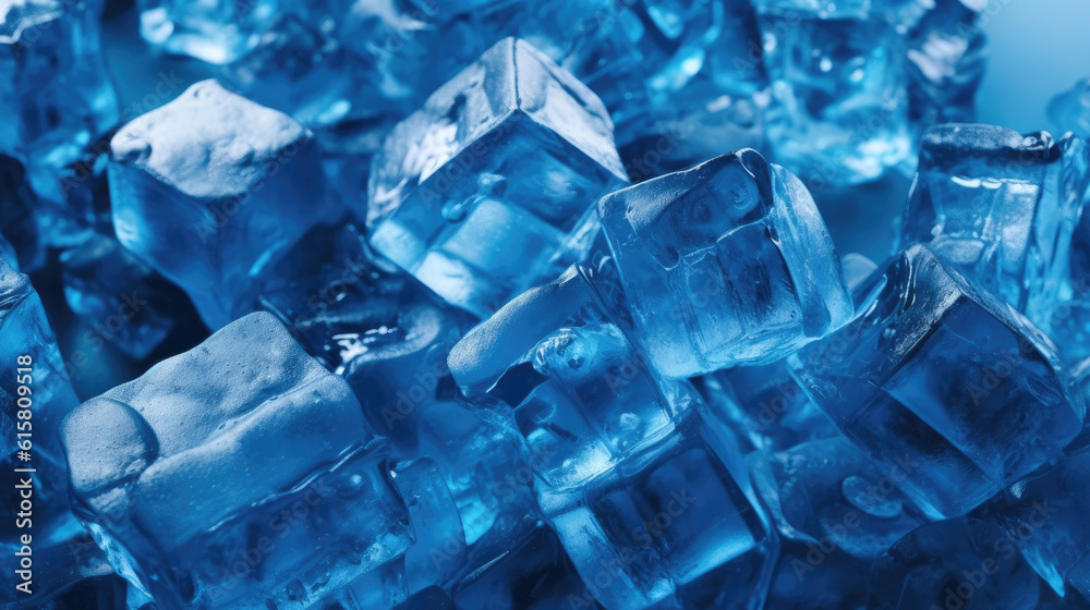 Ice cubes wet with water drops on blue background. Generative AI Ice cubes wet with water drops on blue background. Generative AI