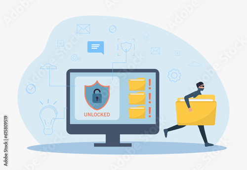 Tiny hacker running away from computer with stolen files. Monitor with unlocked data on screen, criminal holding folder with documents vector illustration. Cybersecurity, safety, internet concept