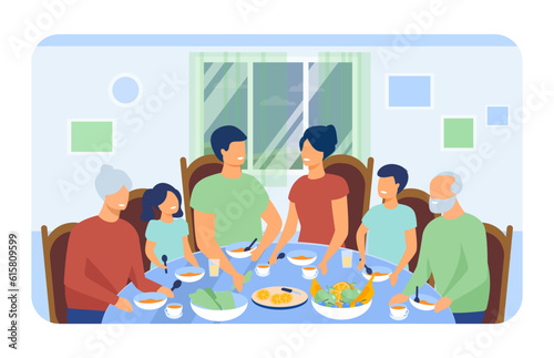 Happy family having dinner together vector illustration. Grandparents, parents, children sitting at table, drinking and eating at home. Family reunion, holiday, togetherness concept