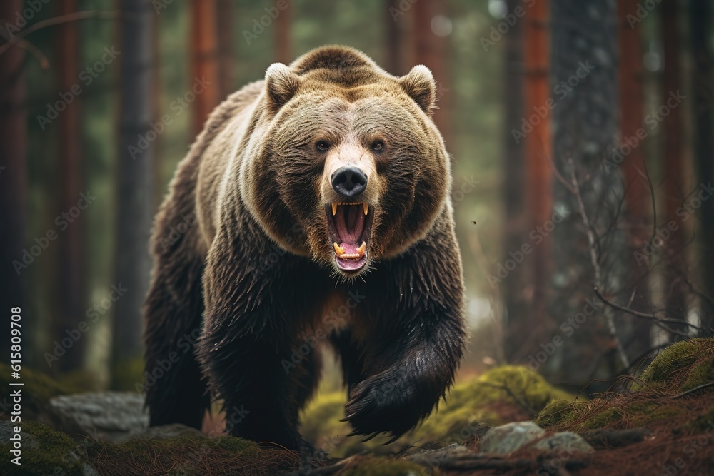 Furious grizzly beat walking in wild forest