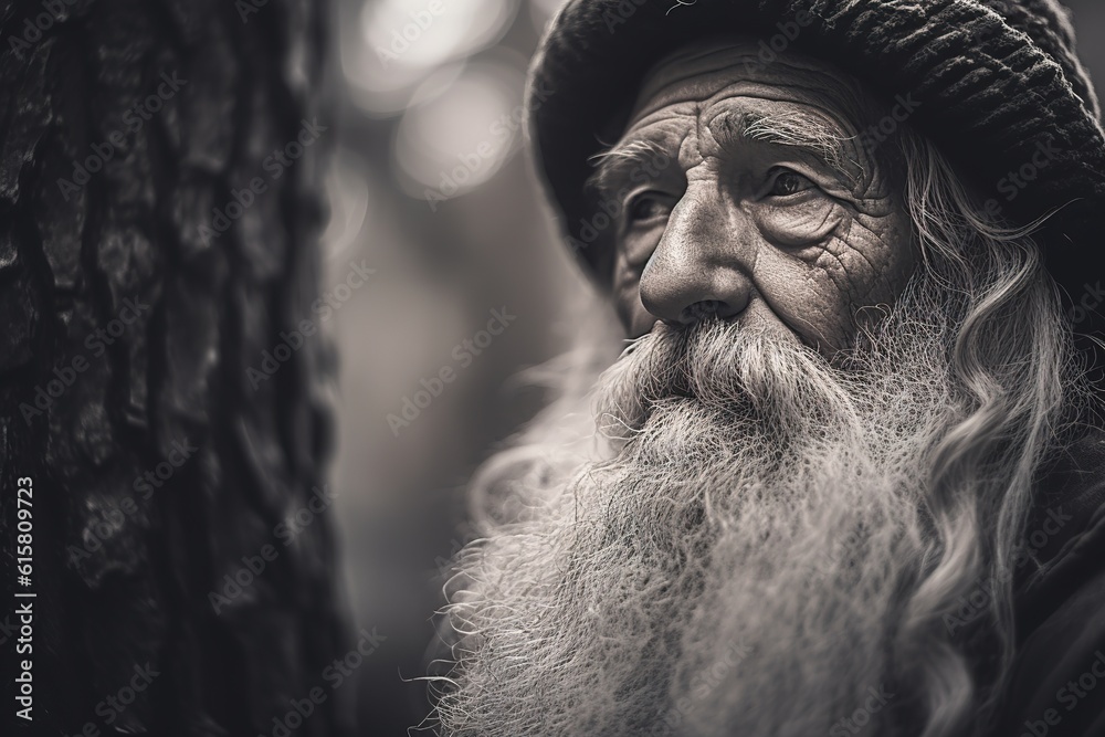 Black and white image of senior bearded man in the forest. Copy space for text