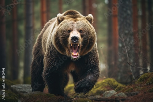 Furious grizzly beat walking in wild forest