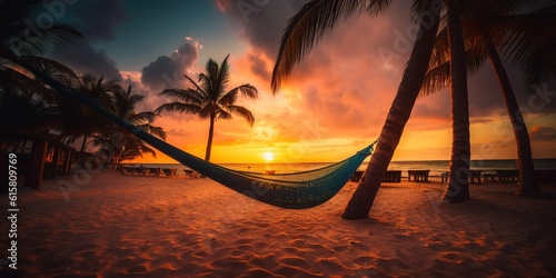 Amazing sunset by the beach with hammock among palm trees © Pajaros Volando