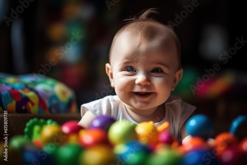 Adorable portrait of happy baby girl playing with toys at home