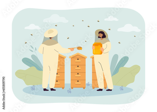 Happy beekeepers collecting honey vector illustration. Cartoon drawing of people growing bees in wooden beehives for product profit, species in danger. Beekeeping, nature, apiculture, ecology concept
