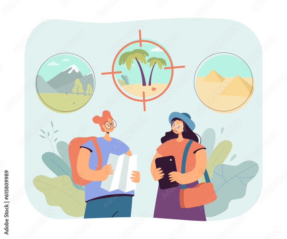 Obraz premium Friends with map choosing trip destination vector illustration. Cartoon drawing of women going to tropical country, mountains or Egypt. Traveling, vacation, summer, choice, journey concept
