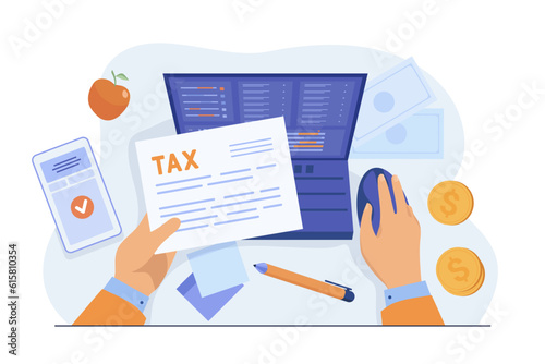 Hands holding tax bill vector illustration. Man checking expensive utility bills online, using banking app on laptop and smartphone. Personal finances management, economy concept