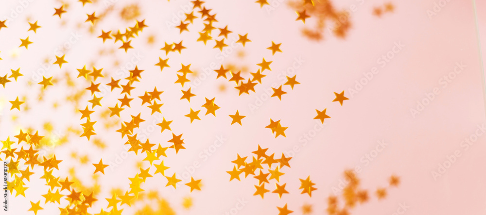 Stylish pink background banner and blank confetti. Festive glitter in the shape of stars