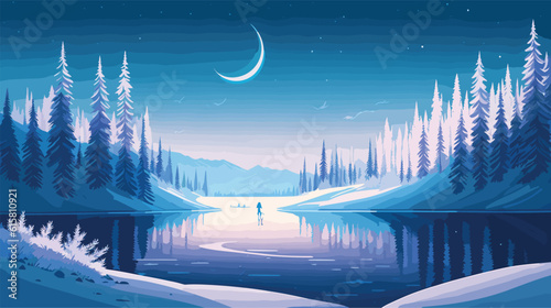 Illustration of a tranquil winter landscape featuring a frozen lake surrounded by snow-covered trees, and a subtle glimpse of the enchanting Northern Lights dancing in the sky