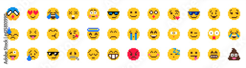 emoticon with various emotions cute faces, pixel art style icons set. colorful vector graphicillustrations isolated on white background. Vector 10 eps.