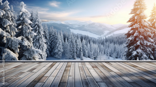 Winter christmas scenic landscape with copy space. Wooden flooring strewn with snow in forest with fir-trees covered with snow on nature., --aspect 16:9 © ART-PHOTOS