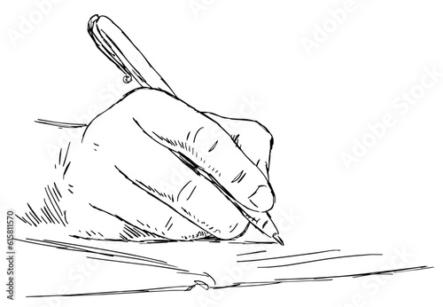 Hand writes with a pen in a notebook. Education, study and business concept. Vector art illustration. Black and white sketch. Line drawing