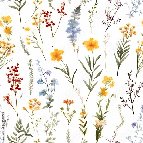 Floral seamless pattern with abstract wildflowers, plants and delicate branches, watercolor isolated on white background for textile. Generative ai.