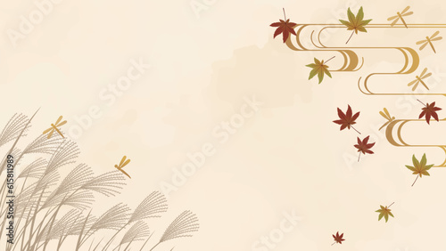 紅葉とススキととんぼがモチーフの和風の水彩風背景イラストフレーム