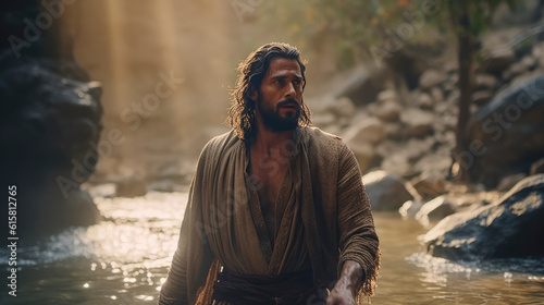 Portrait of John the Baptist in the Jordan river. Christian illustration.