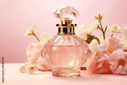 Fototapeta Naklejka Na Ścianę i Meble -  Beautiful parfum bottles with flowers on pink background Generative AI