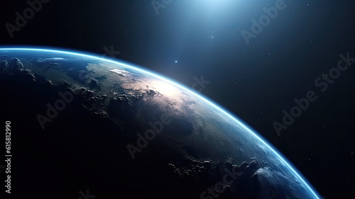 Space planet earth right semicircle shot with blue atmosfera around and light peeking out. Universe science astronomy space dark background wallpaper