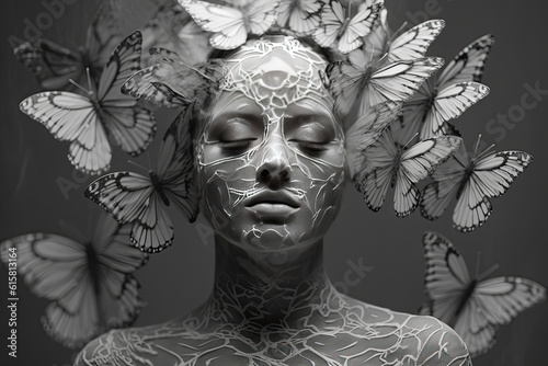 a woman's face with butterflies on her head and the image is black and white, as if it looks like a butterfly