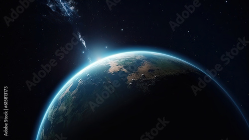 Space planet earth surface with blue atmosfera around and light peeking out. Universe science astronomy space dark background wallpaper