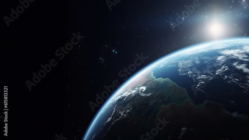 Space planet earth left semicircle shot with bright sun in the background. Universe science astronomy space dark background wallpaper © NK Project