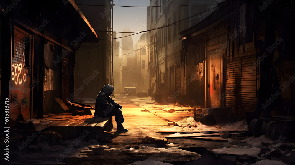 A homeless person sitting alone on a cold, desolate street, surrounded by shadows and discarded objects. A homeless person sitting alone on a cold, desolate street, surrounded by shadows and discarded objects.