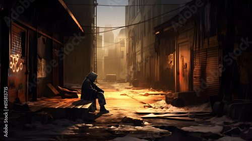A homeless person sitting alone on a cold, desolate street, surrounded by shadows and discarded objects.