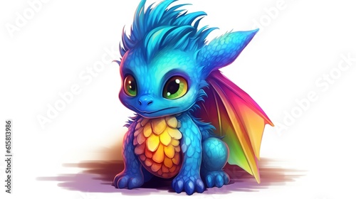 Multicolored colorful baby dragon on a white background, cartoon character. AI generation