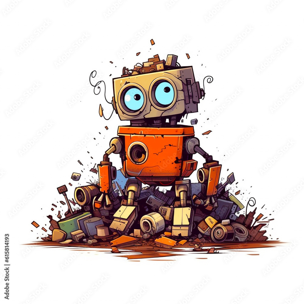 Cartoon illustration, junkyard electronic waste , cute robot unhappy