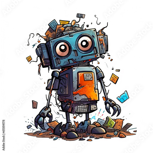 Cartoon illustration, junkyard electronic waste , cute robot unhappy bad moody Generative Ai © suthiwan
