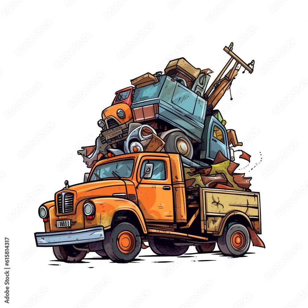 Cartoon illustration, junkyard electronic waste , cute robot unhappy