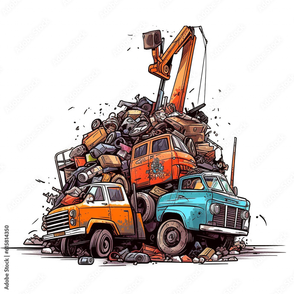 Cartoon illustration, junkyard electronic waste , cute robot unhappy