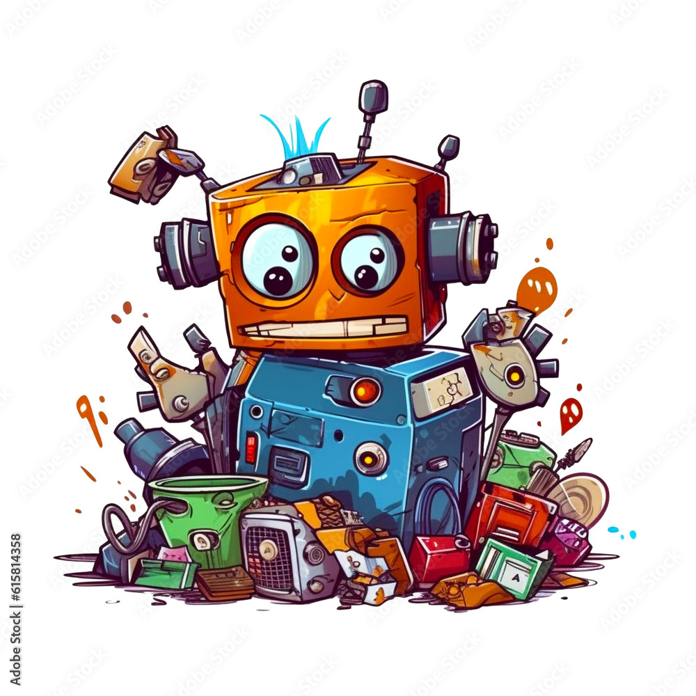 Cartoon illustration, junkyard electronic waste , cute robot unhappy