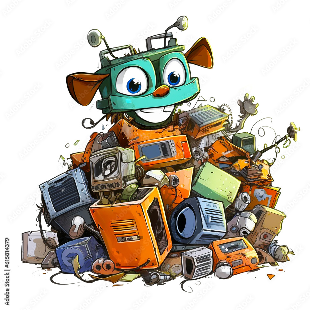 Cartoon illustration, junkyard electronic waste , cute robot unhappy