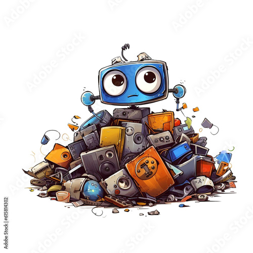 Cartoon illustration, junkyard electronic waste , cute robot unhappy bad moody Generative Ai
