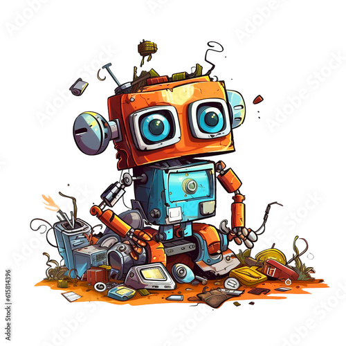 Cartoon illustration  junkyard electronic waste   cute robot unhappy bad moody Generative Ai