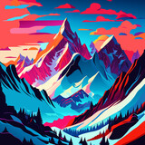 Mountains and forest at sunset. Vector illustration in cartoon style.
