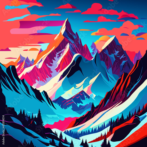 Mountains and forest at sunset. Vector illustration in cartoon style.