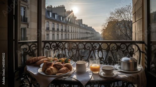 Breakfast on balcony during morning in paris terrace hotel. Generative AI AIG19.