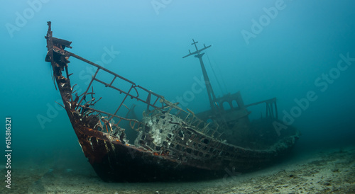 amazing sunken and rusty ship under the sea in the depths with good lighting and good resolution