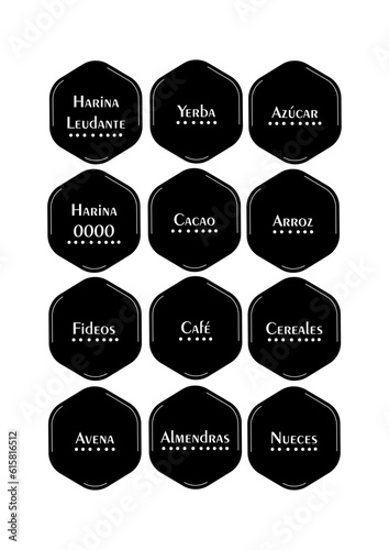 Etiquetas para frascos, rótulos para frascos, adhesivo, pegatina, etiquetas para alacena fondo negro.