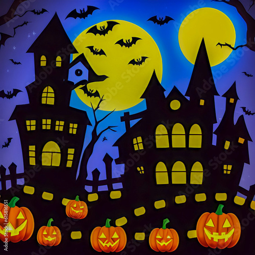 Halloween pumpkins and bat in the dark forest at night. Halloween scene. Cartoons 