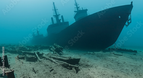 amazing sunken and rusty ship under the sea with good lighting in high resolution