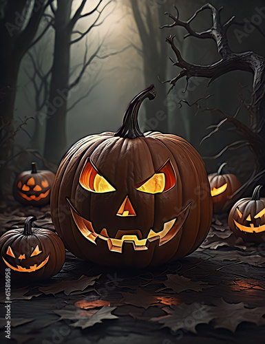 Halloween pumpkins in the dark forest at night. Halloween scene 